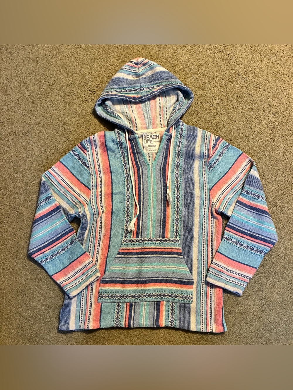 Beach Life By LA DRFT Womens Striped Poncho Hoodie M Pullover Summer Sweatshirt